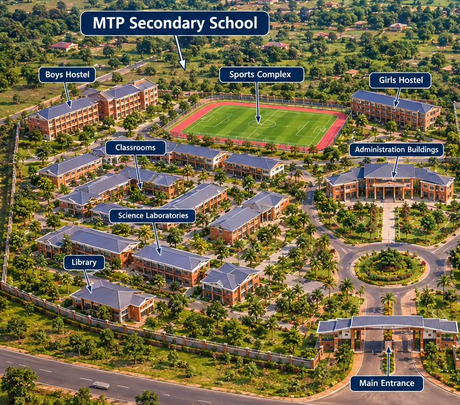 Proposed campus concept, not an existing building: an aerial view of the planned MTP Secondary School, labelled with the boys' hostel, the sports complex, the girls' hostel, classrooms, science laboratories and the library, with the shared administration buildings, a roundabout and the main entrance on the right, inside a perimeter wall beside a road.