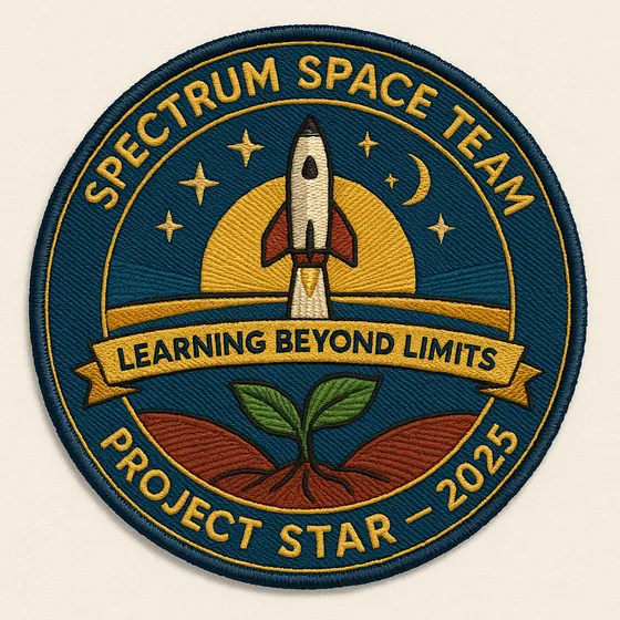 A round embroidered-style patch showing a rocket rising from a green planet, with the words Spectrum Space Team, Learning Beyond Limits and Project Star 2025.